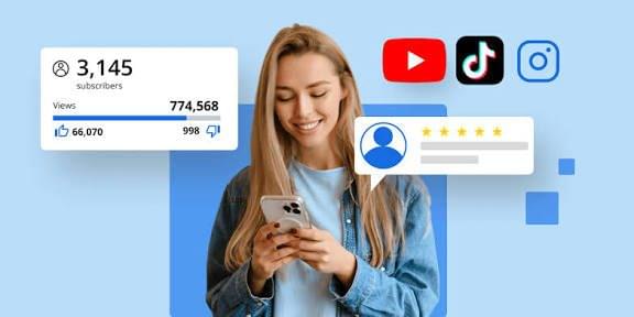 Social media engagement and statistics display.